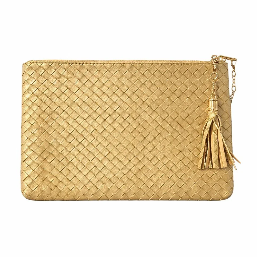 Virginia Wolf Mimi Woven Metallic Gold Clutch Tassel Zip Pouch 11x7
